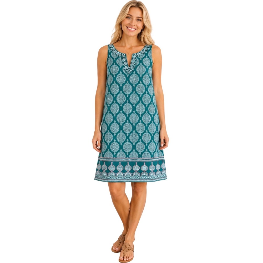 Sleeveless Teal Printed Midi Dress with Notch Neck